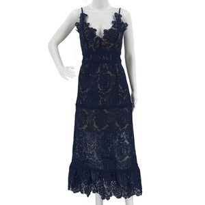 FOXIEDOX NEW Marjorie Dress Midi Navy Lace Overlay